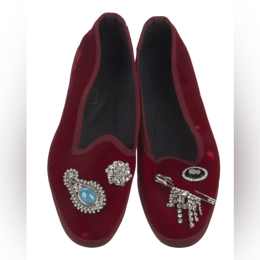 Giannico Velvet Flats Crystal Embellishments Chic Red Velvet Women's Loafers